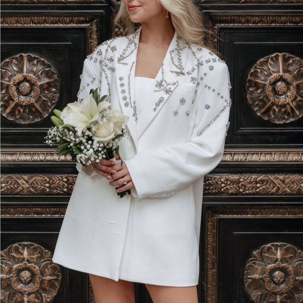 White rhinestone embellished oversized blazer
